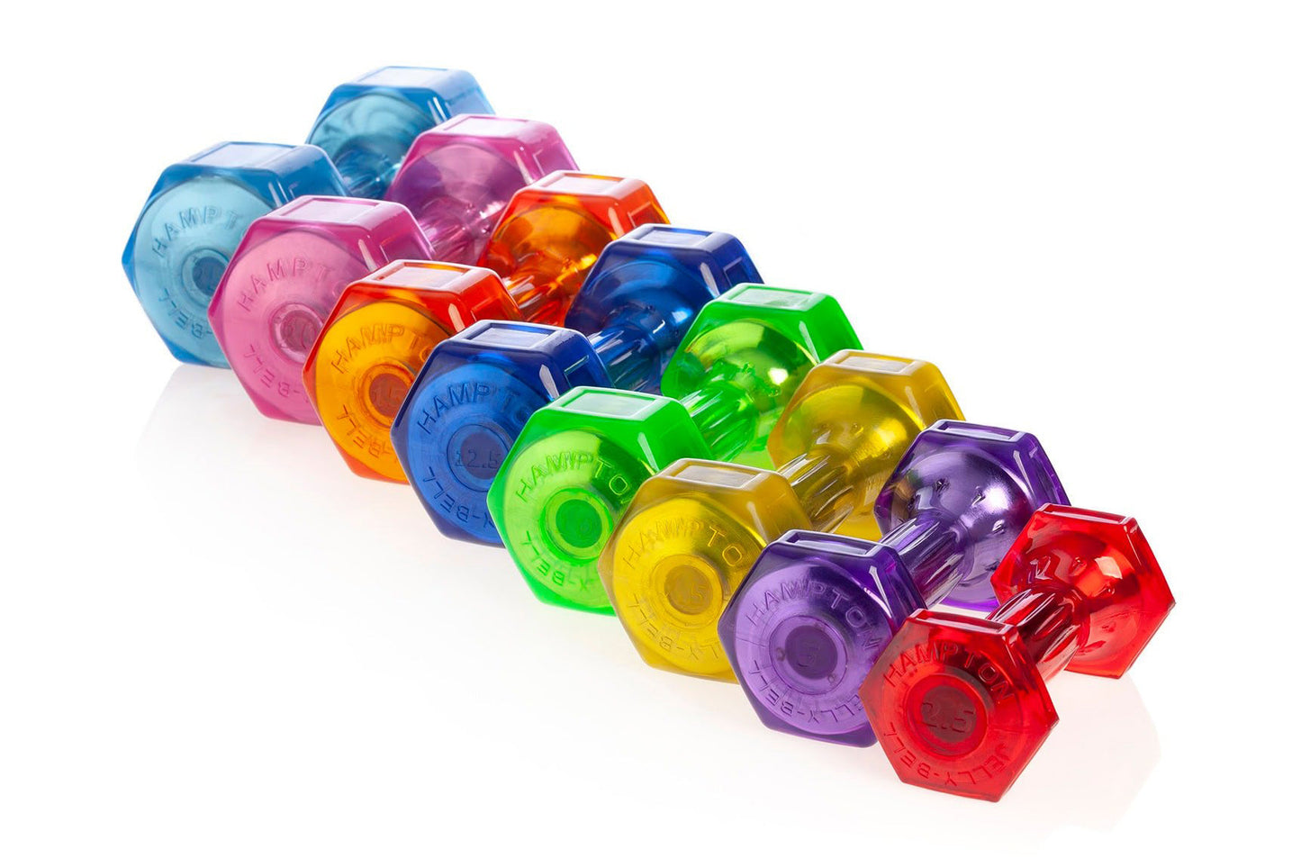 Set of colorful hexagonal urethane dumbbells in blue, pink, orange, yellow, green, purple and red on white background