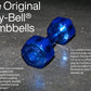 Pair of bright blue hex-shaped Jelly-Bell dumbbells with translucent polyurethane coating on dark textured background