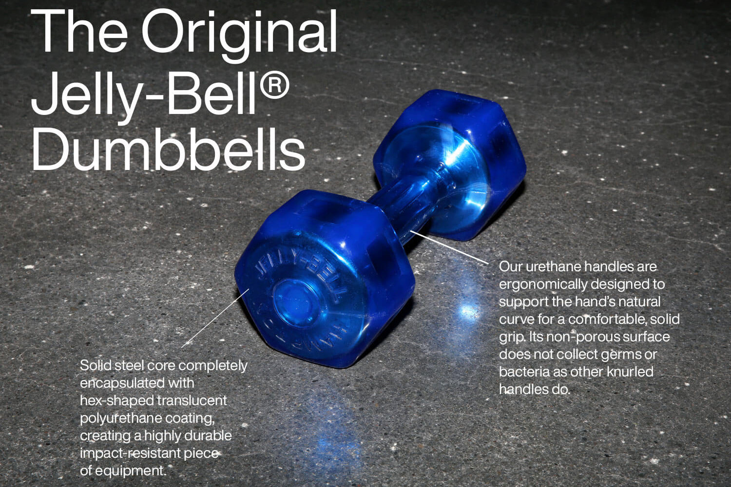 Pair of bright blue hex-shaped Jelly-Bell dumbbells with translucent polyurethane coating on dark textured background