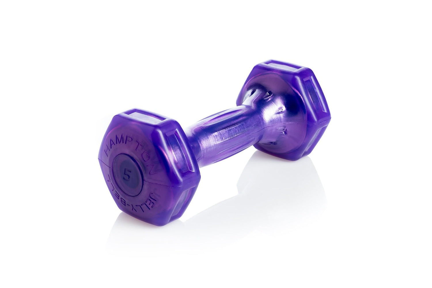 Purple hexagonal 5-pound dumbbells with transparent gel center, labeled Hampton, on white background