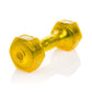 Pair of bright yellow hexagonal urethane dumbbells with chrome connectors on white background