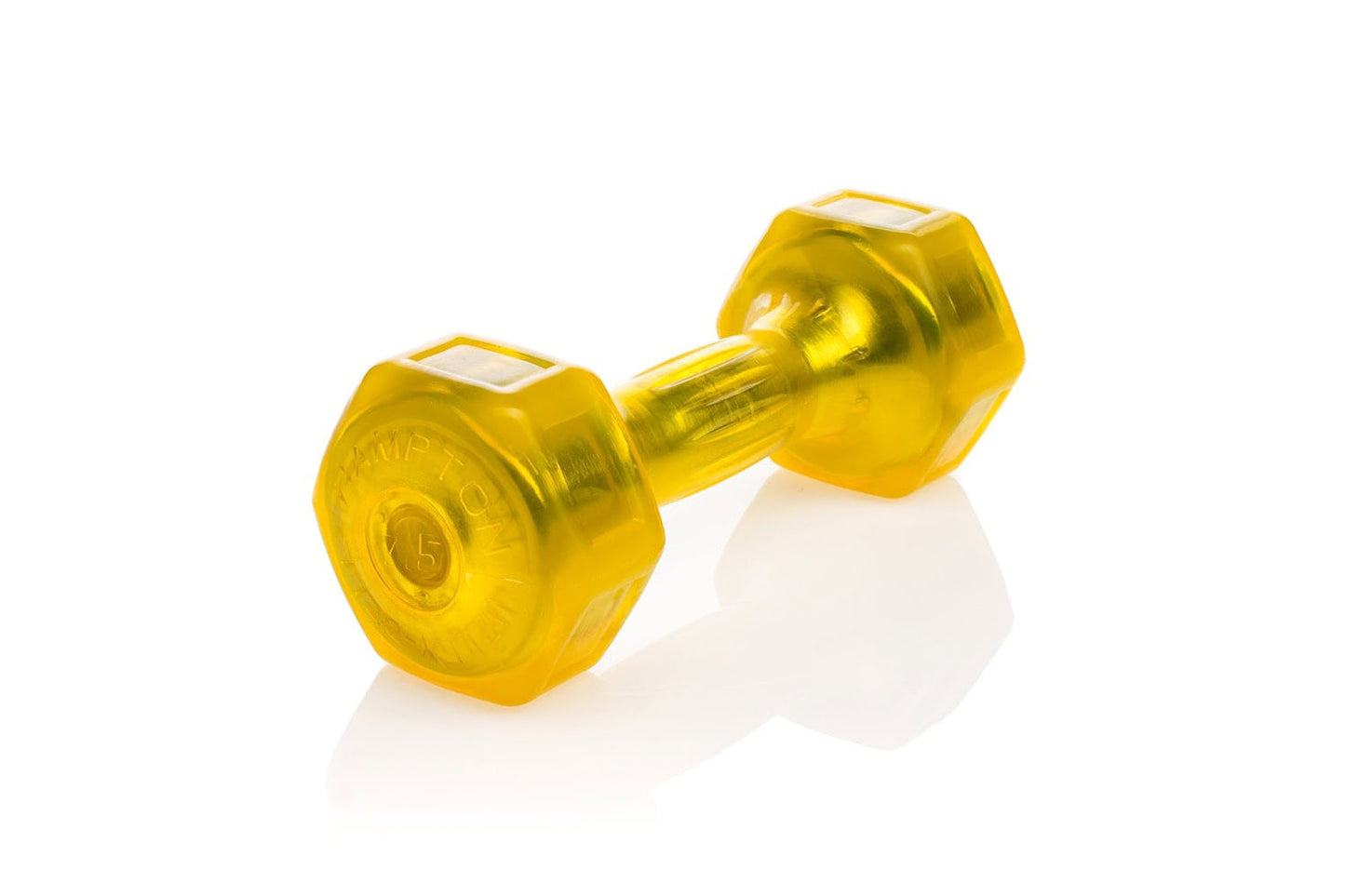 Pair of bright yellow hexagonal urethane dumbbells with chrome connectors on white background