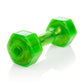 Pair of bright green translucent hexagonal dumbbells with yellow metal handles on white background