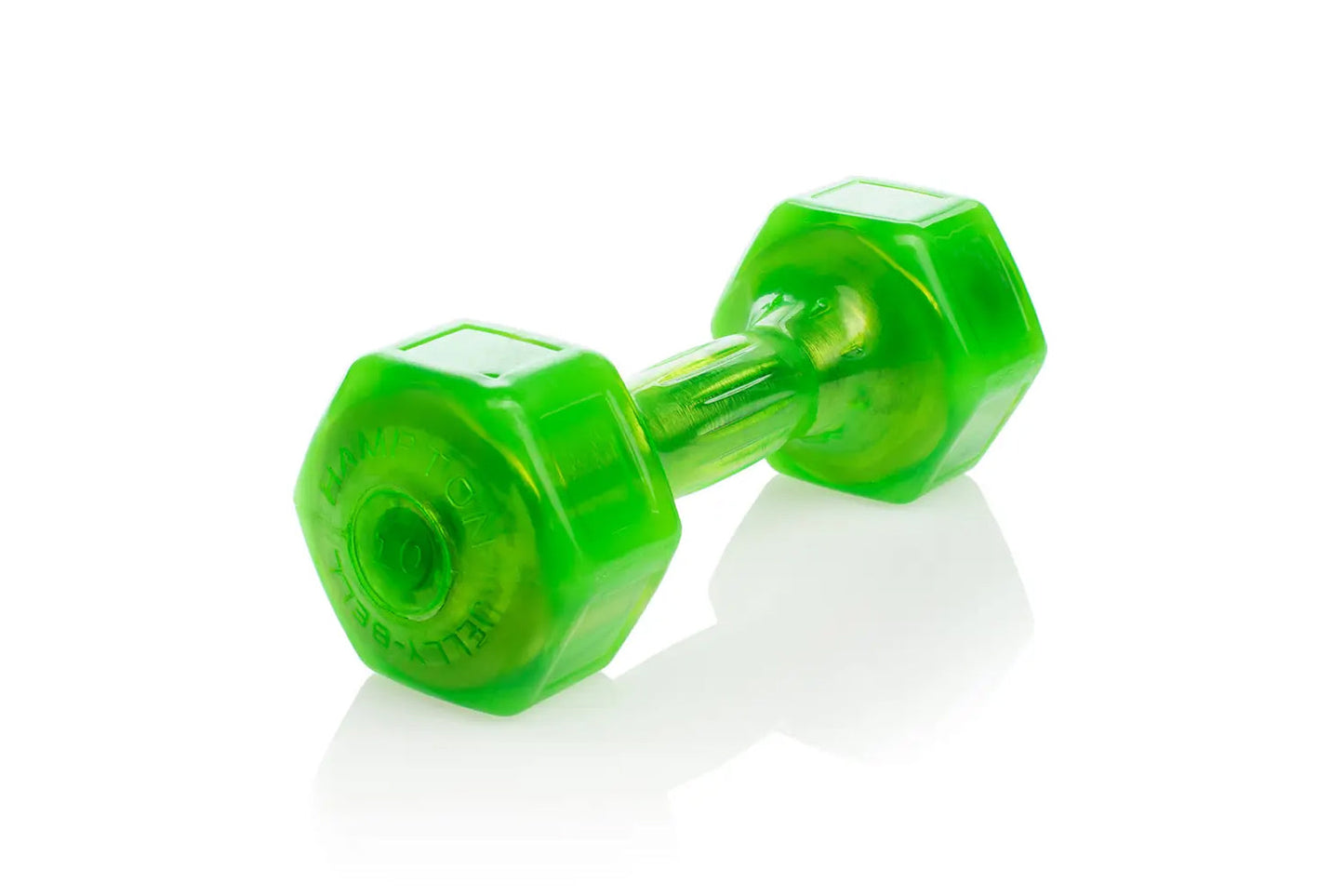 Pair of bright green translucent hexagonal dumbbells with yellow metal handles on white background