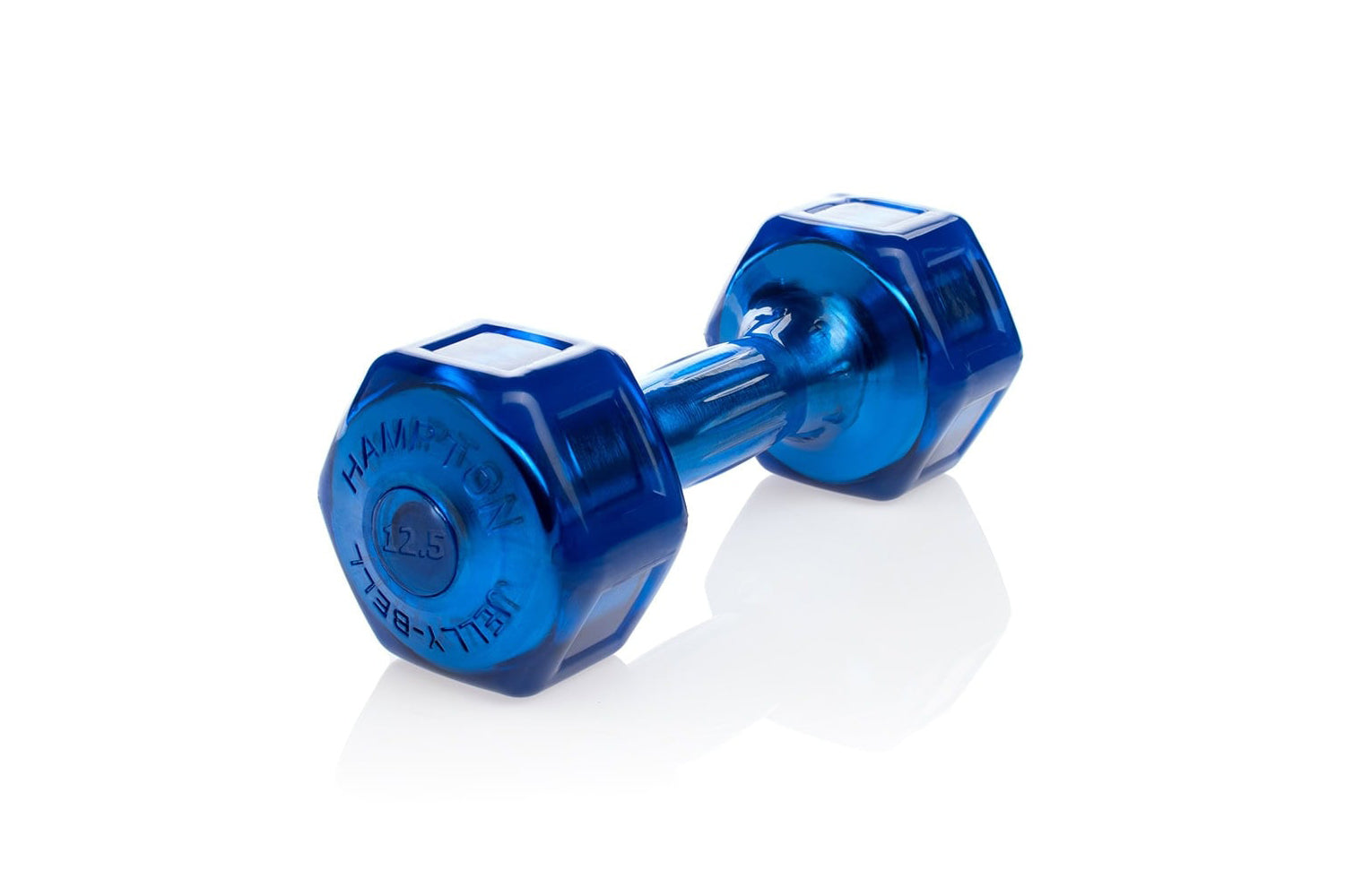 Pair of blue urethane-coated hex dumbbells with 12.5 lb weight markings on white background