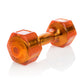 Pair of orange Hampton Jelly-Bell urethane dumbbells with hexagonal heads and gold metallic center bar on white background