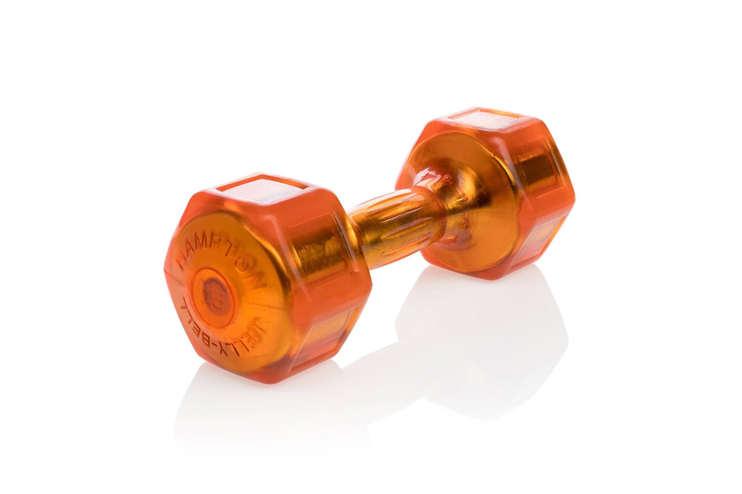 Pair of orange Hampton Jelly-Bell urethane dumbbells with hexagonal heads and gold metallic center bar on white background