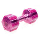 Bright pink transparent urethane dumbbell with hexagonal head and clear plastic handle, displayed on white background