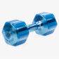 Hampton Jelly-Bell blue urethane dumbbell with hexagonal head and clear grip bar, flat lay on white background