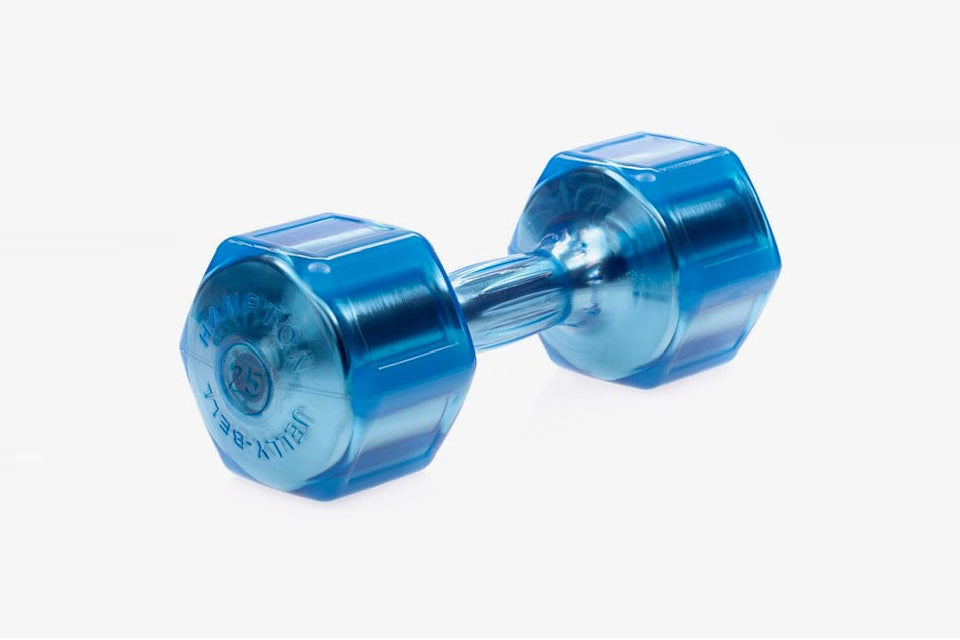 Hampton Jelly-Bell blue urethane dumbbell with hexagonal head and clear grip bar, flat lay on white background