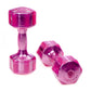 Hampton Jelly-Bell urethane aerobic dumbbells in bright pink, shown as one standing dumbbell and two hexagonal weights on whi