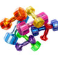 Colorful translucent urethane dumbbells in red, orange, yellow, pink, purple, blue, and green arranged on white background