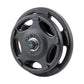 Black rubber Olympic weight plate with grip handles, 25 lb capacity, on white background