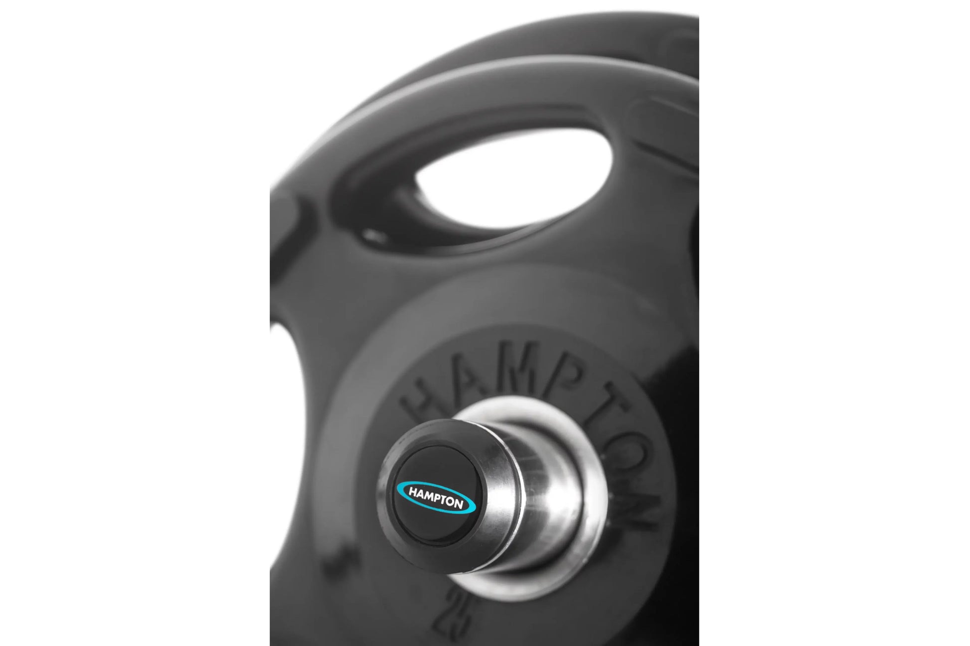 Hampton Olympic Grip Urethane Weight Plate with black rubber surface, metal collar, and branded center hub on white backgroun