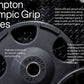 Black urethane Olympic weight plate with steel hub and ergonomic handles, displayed on checkered metal surface