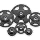 Black rubber-coated Olympic weight plates in various sizes with chrome center hubs, displayed on white background