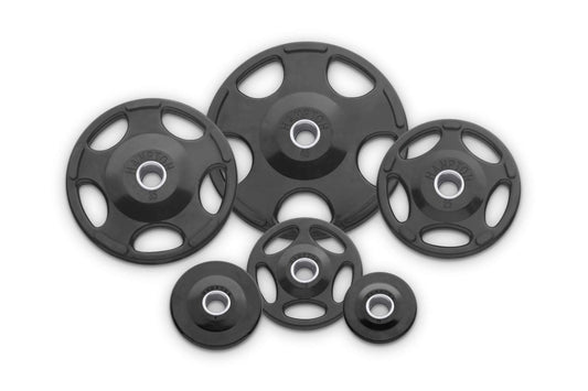 Black rubber-coated Olympic weight plates in various sizes with chrome center hubs, displayed on white background