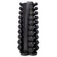 Black hexagonal dumbbell rack holding multiple dumbbells arranged vertically on central column, on white background