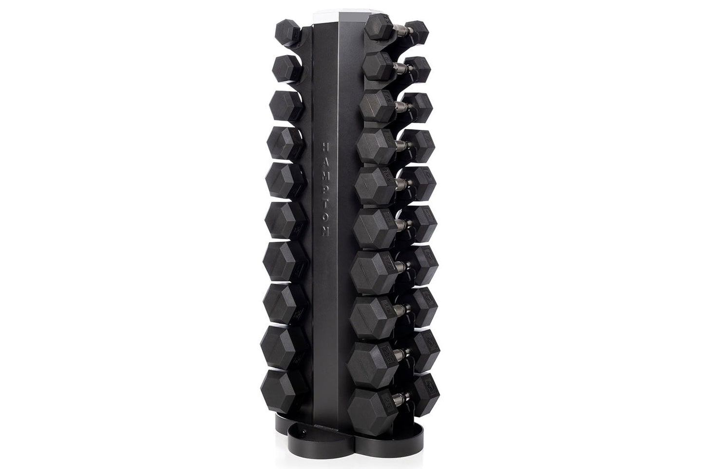 Black hexagonal dumbbell rack holding multiple dumbbells arranged vertically on central column, on white background