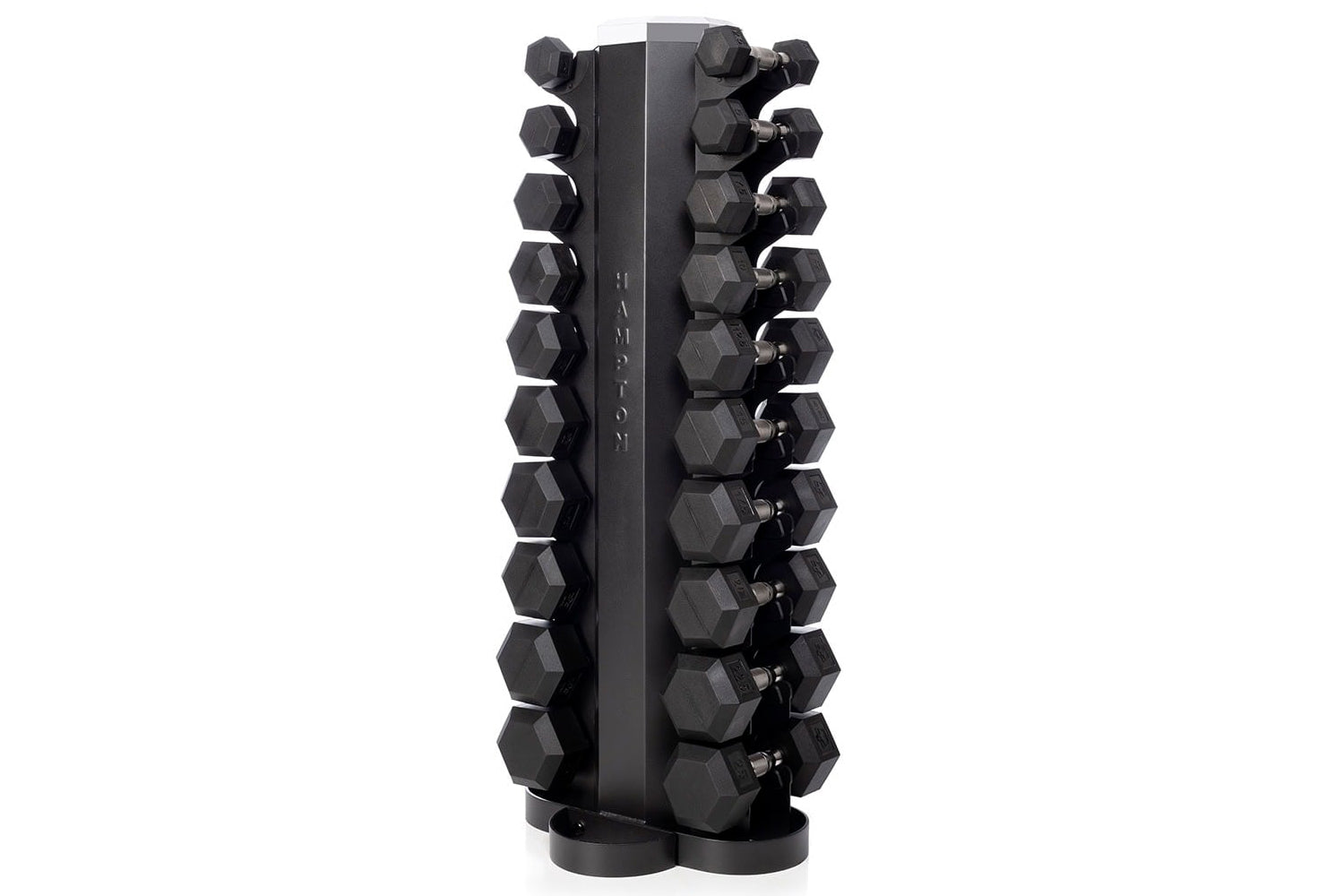Black hexagonal dumbbell rack holding multiple dumbbells arranged vertically on central column, on white background