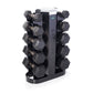 Black hexagonal dumbbell set on tiered storage rack with white top, on white background