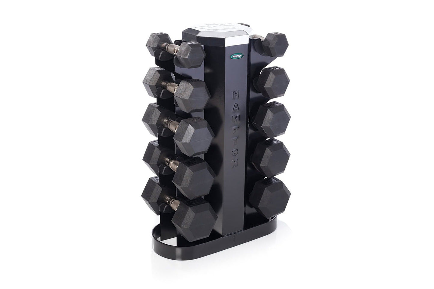 Black hexagonal dumbbell set on tiered storage rack with white top, on white background