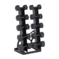 Black hexagonal dumbbell set with stand, featuring multiple weight pairs arranged on two-column black rack with base on white