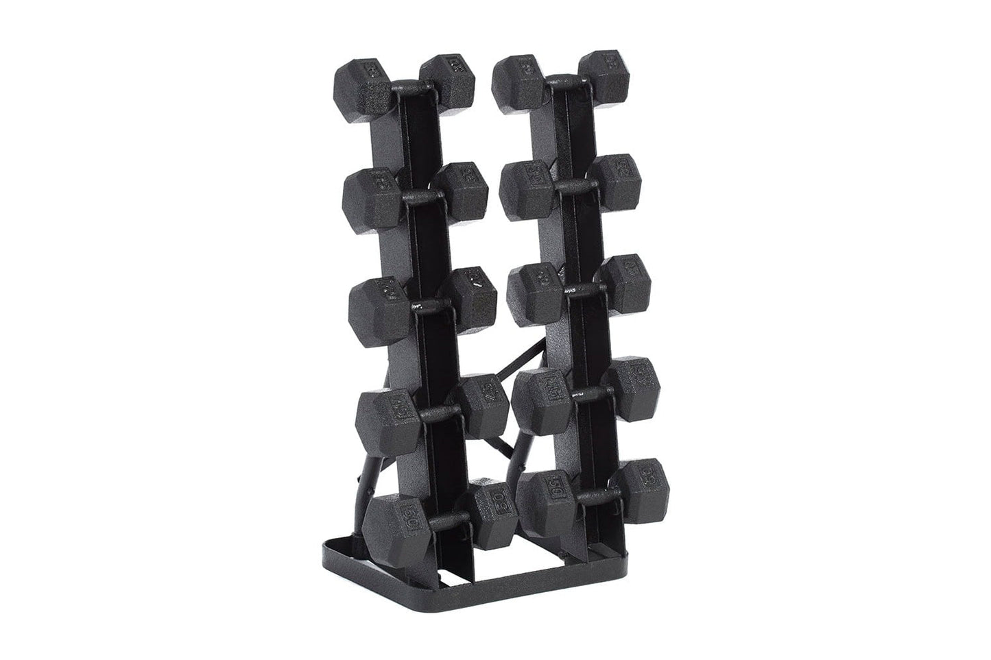 Black hexagonal dumbbell set with stand, featuring multiple weight pairs arranged on two-column black rack with base on white