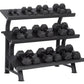 Three-tier black dumbbell rack holding hexagonal dumbbells, on white background