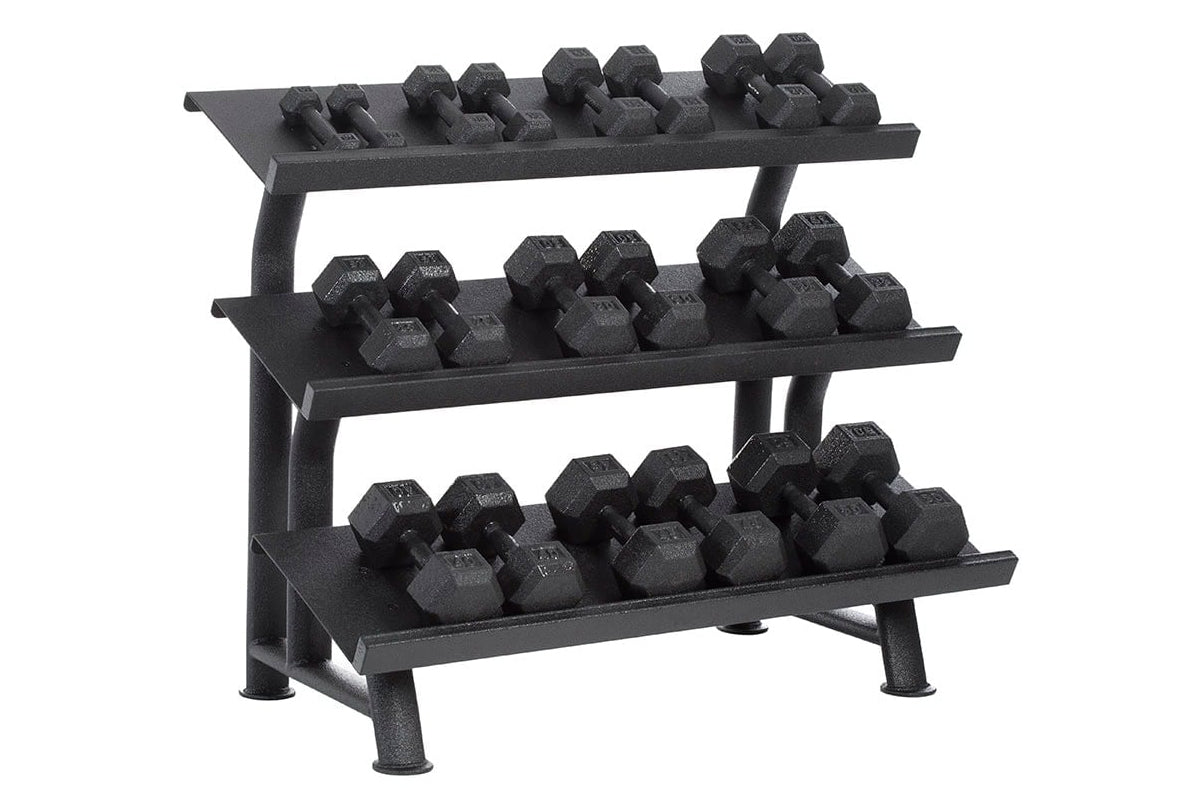 Three-tier black dumbbell rack holding hexagonal dumbbells, on white background