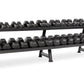 Two-tier black dumbbell rack holding hex dumbbells ranging from light to heavy weights, on white background