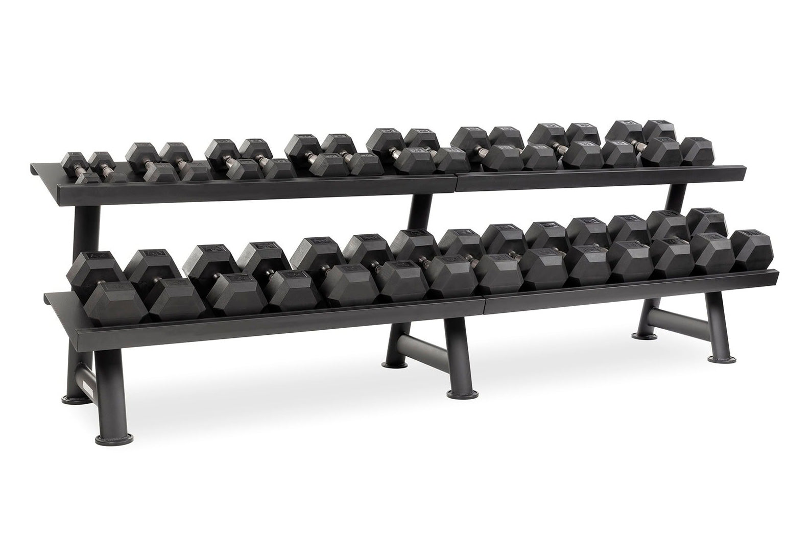 Two-tier black dumbbell rack holding hex dumbbells ranging from light to heavy weights, on white background