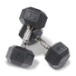 Pair of black hexagonal dumbbells with chrome handles, one marked 35 lbs, on white background