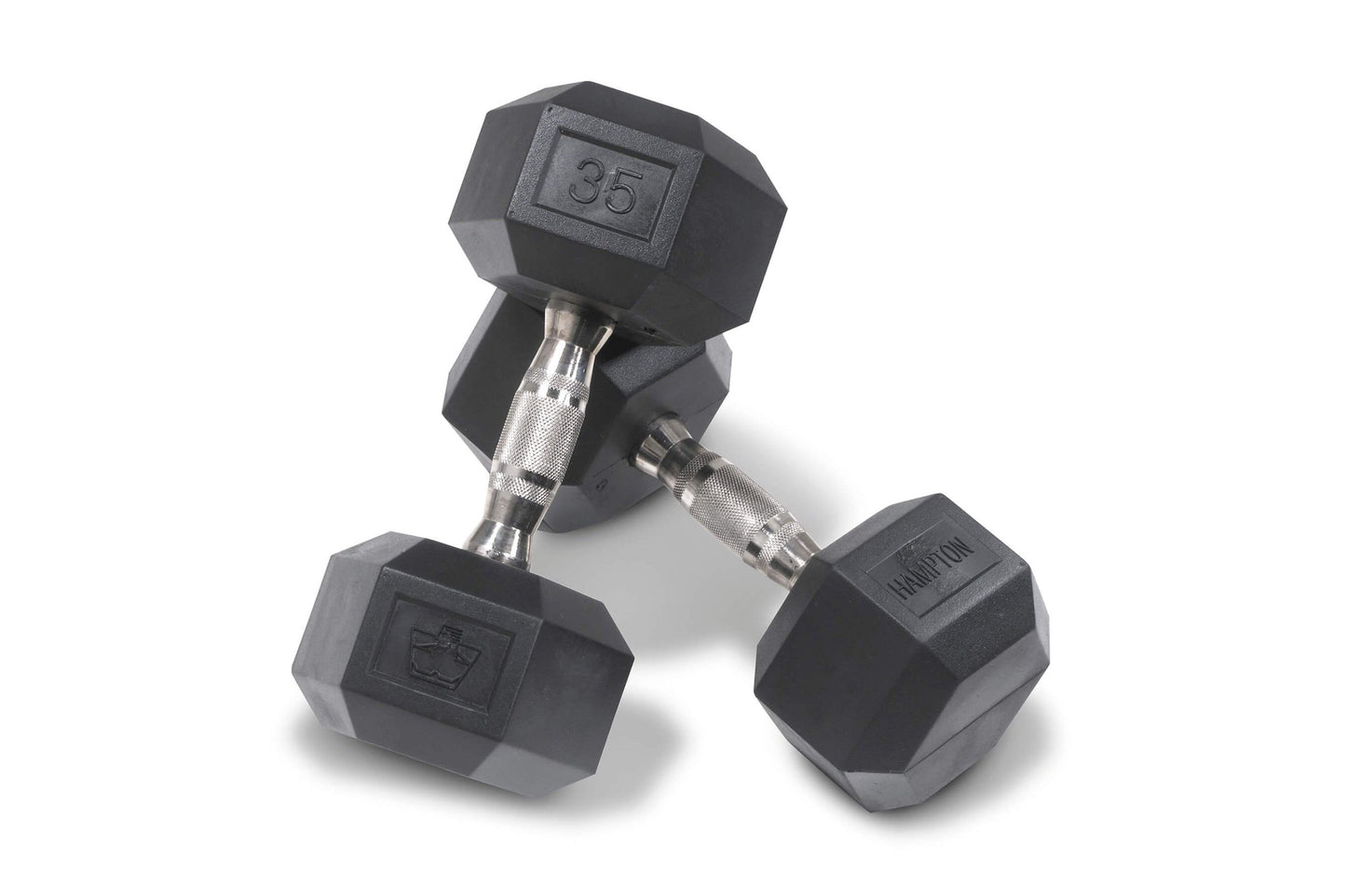 Pair of black hexagonal dumbbells with chrome handles, one marked 35 lbs, on white background