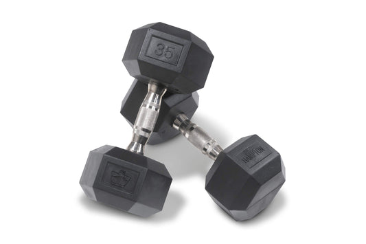 Pair of black hexagonal dumbbells with chrome handles, one marked 35 lbs, on white background