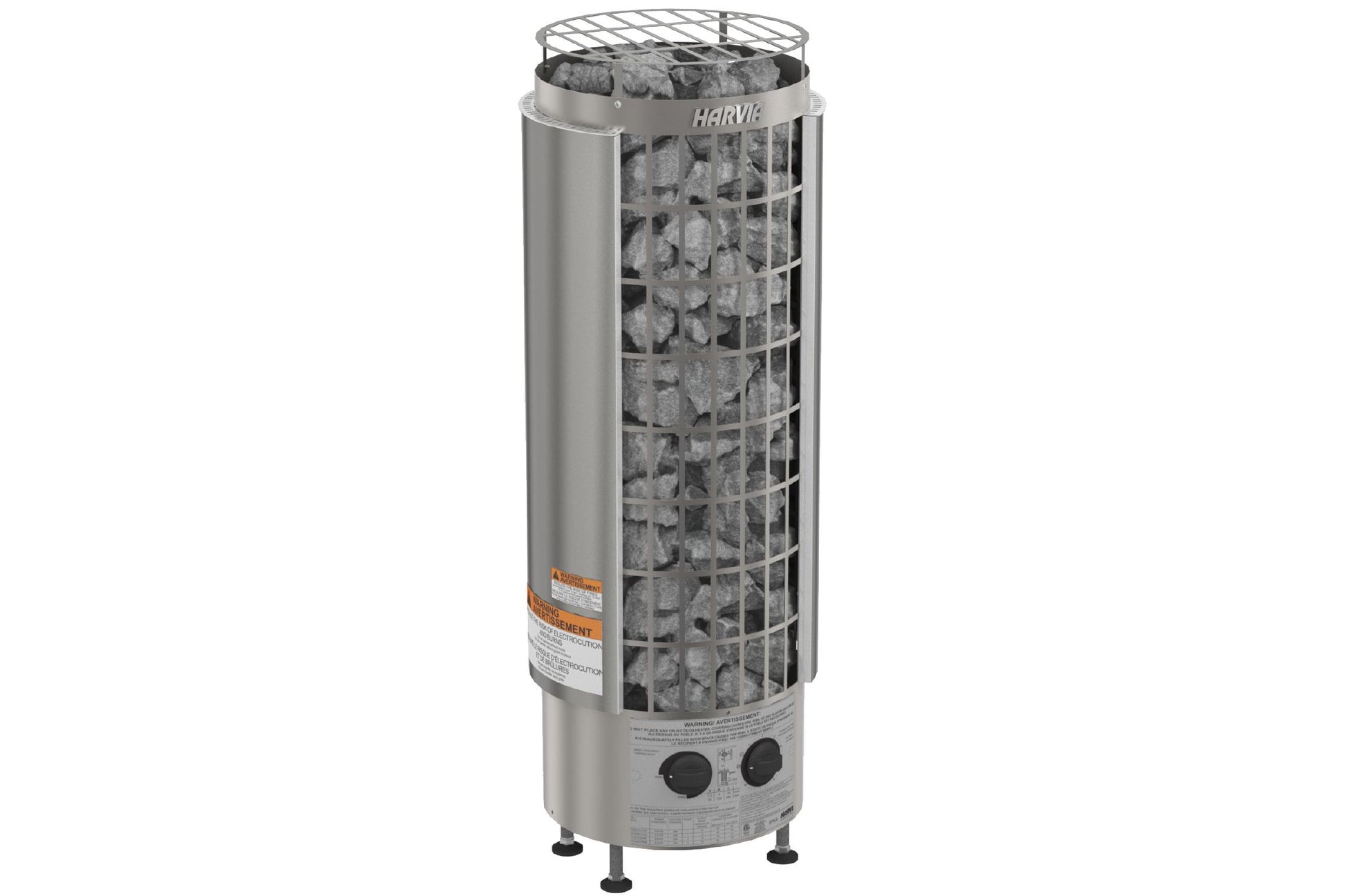 Harvia Cilindro stainless steel cylindrical sauna heater with built-in dial controls and wire basket top, filled with gray he
