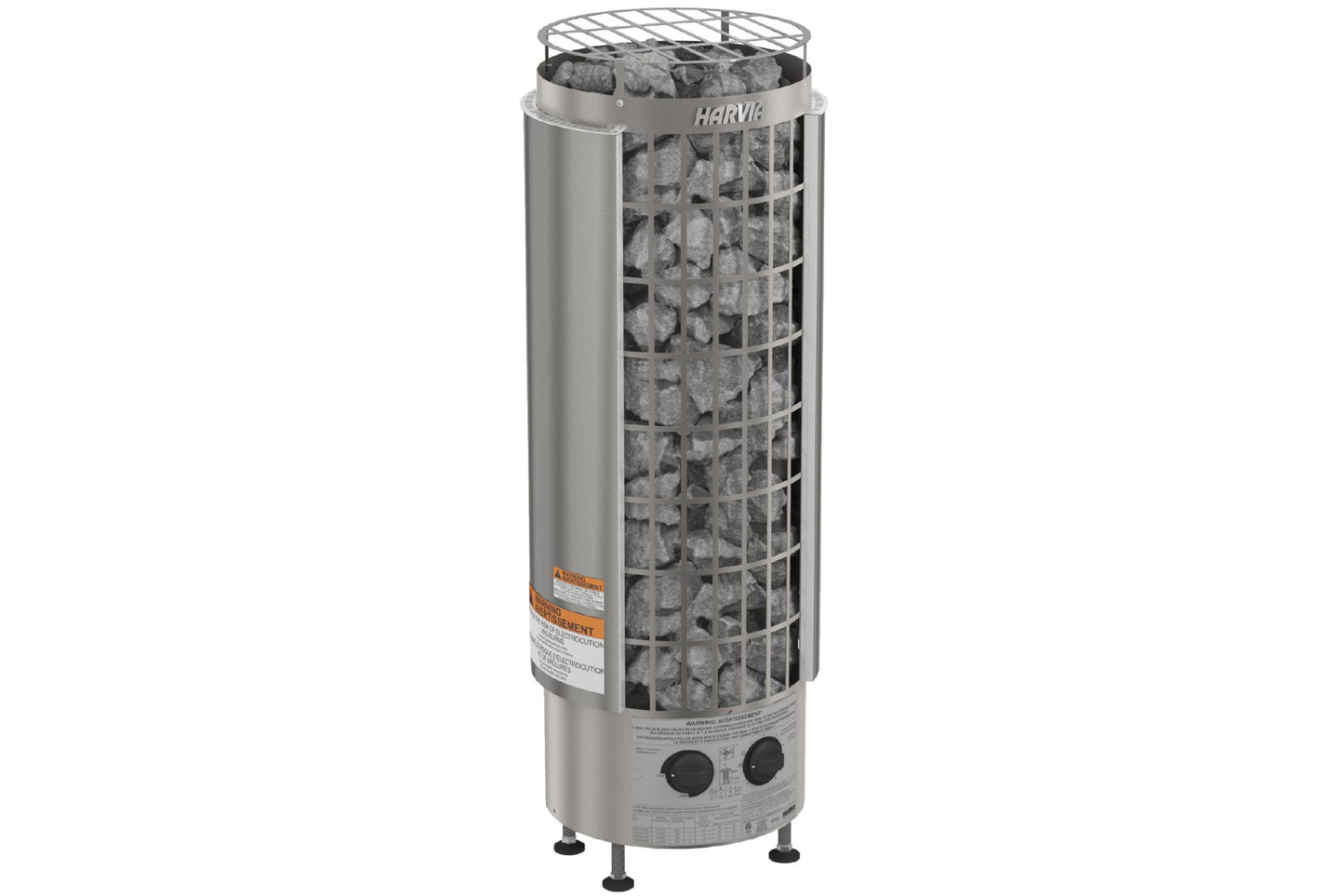 Harve Cilindro stainless steel cylindrical sauna heater with gray stones visible through metal cage, built-in dial controls a