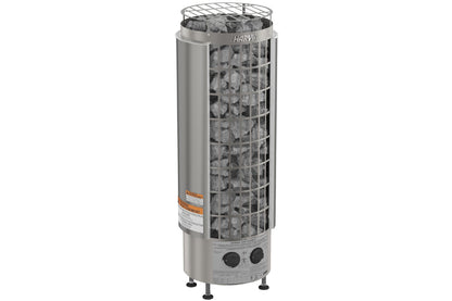 Harve Cilindro stainless steel cylindrical sauna heater with gray stones visible through metal cage, built-in dial controls a