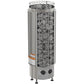 Harvia Cilindro stainless steel cylindrical sauna heater with metal cage basket filled with rocks and built-in dial controls 