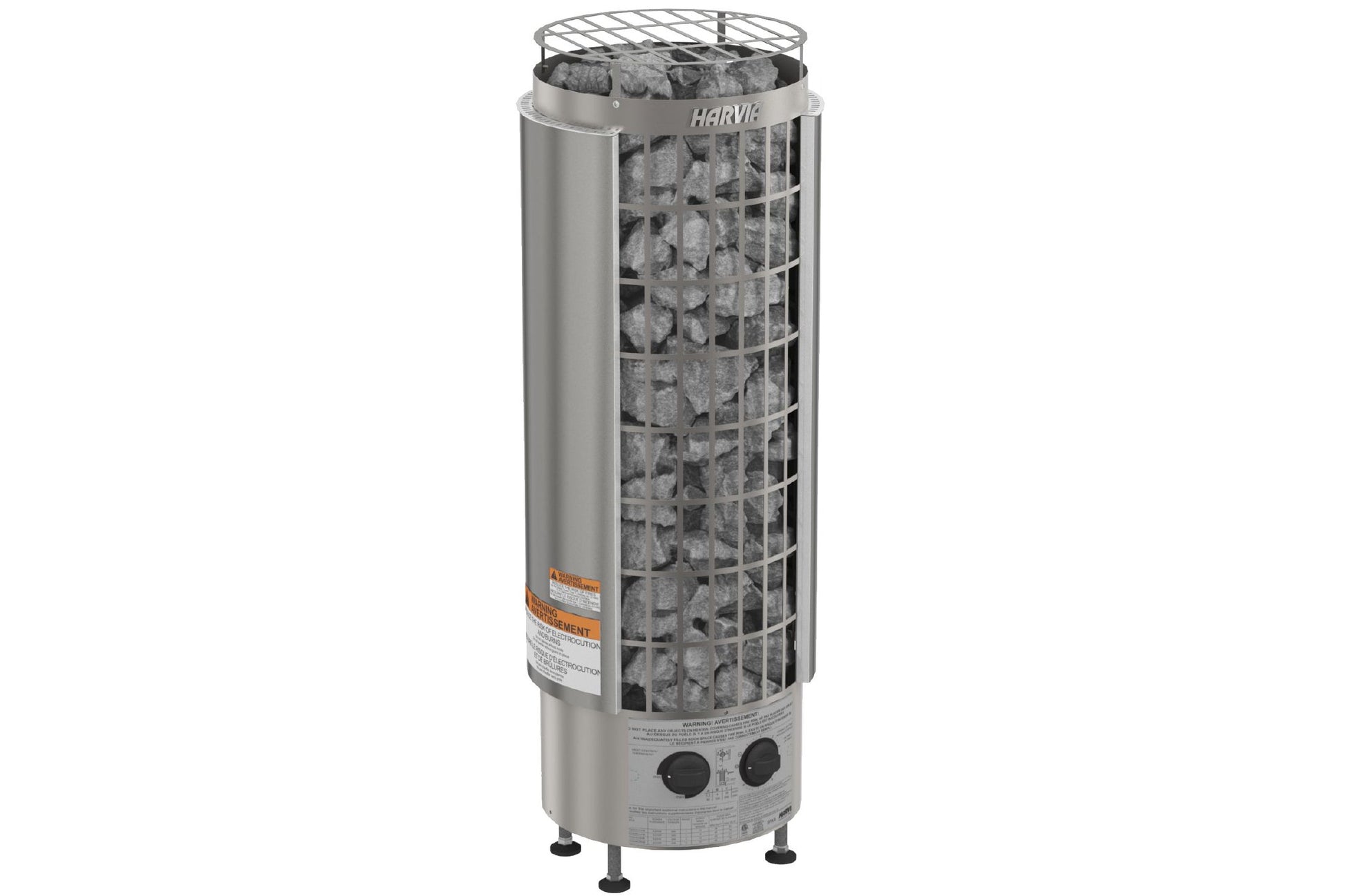 Harvia Cilindro stainless steel cylindrical sauna heater with metal cage basket filled with rocks and built-in dial controls 