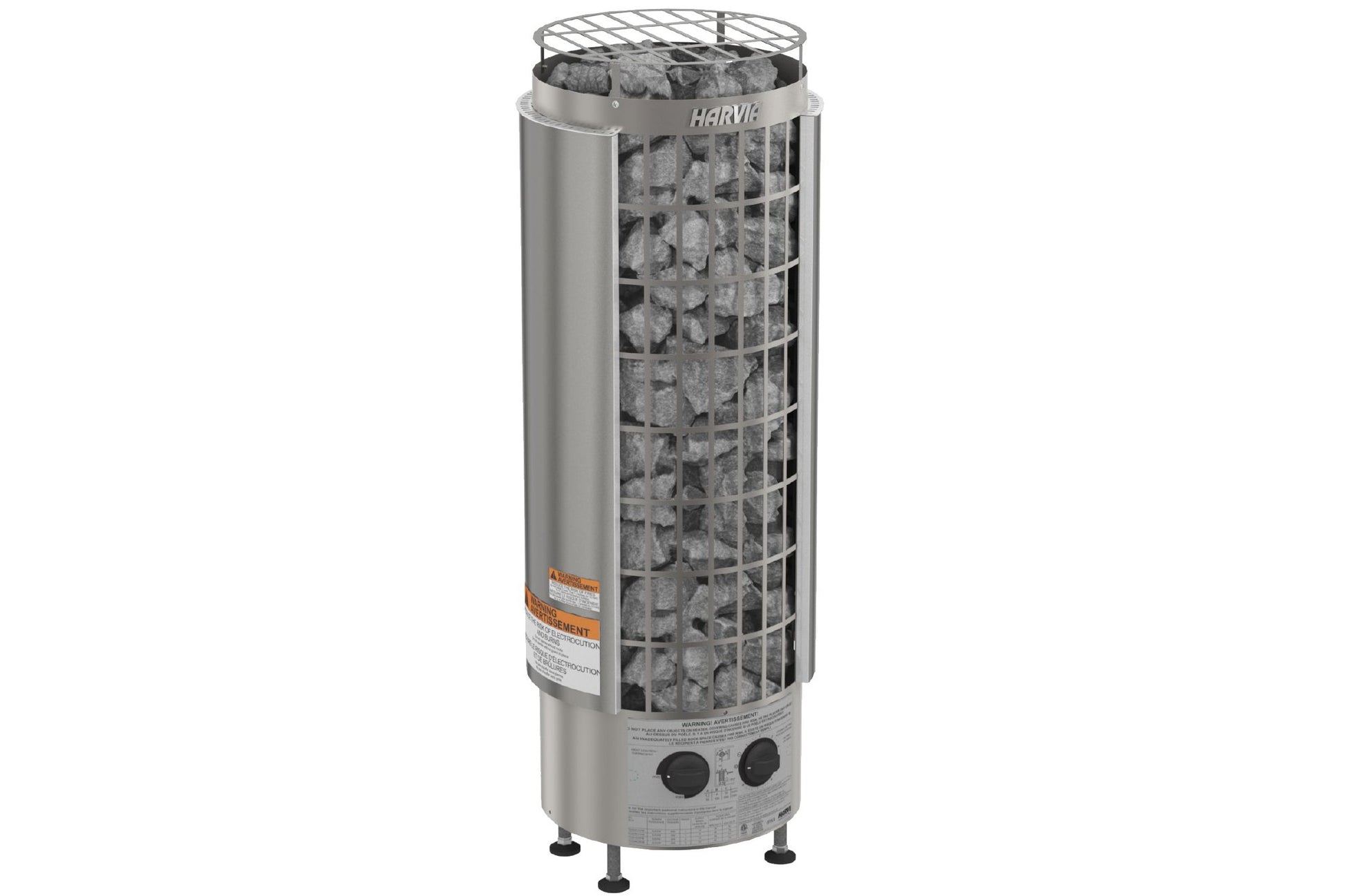 Harvia Cilindro stainless steel cylindrical sauna heater with metal cage containing gray rocks, dial controls, and mounting f