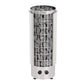 Harvia Cilindro electric sauna heater with stainless steel body, protective grid cage filled with gray stones, and two black 