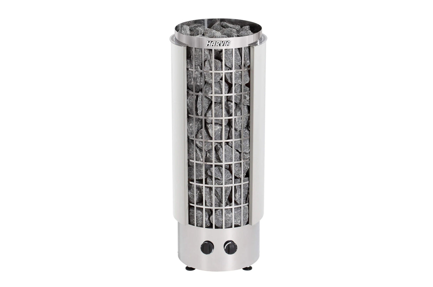 Harvia Cilindro electric sauna heater with stainless steel body, protective grid cage filled with gray stones, and two black 