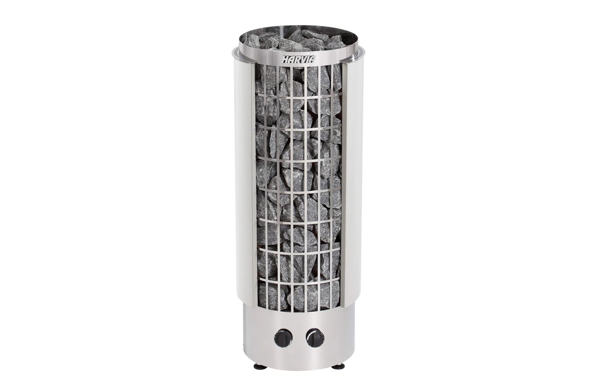 Harvia Cilindro electric sauna heater with stainless steel body, protective grid cage filled with gray stones, and two black 