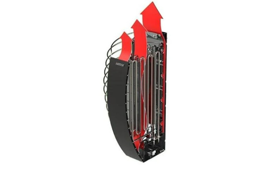 Harvia Spirit electric sauna heater with red top vents and black metal housing on white background