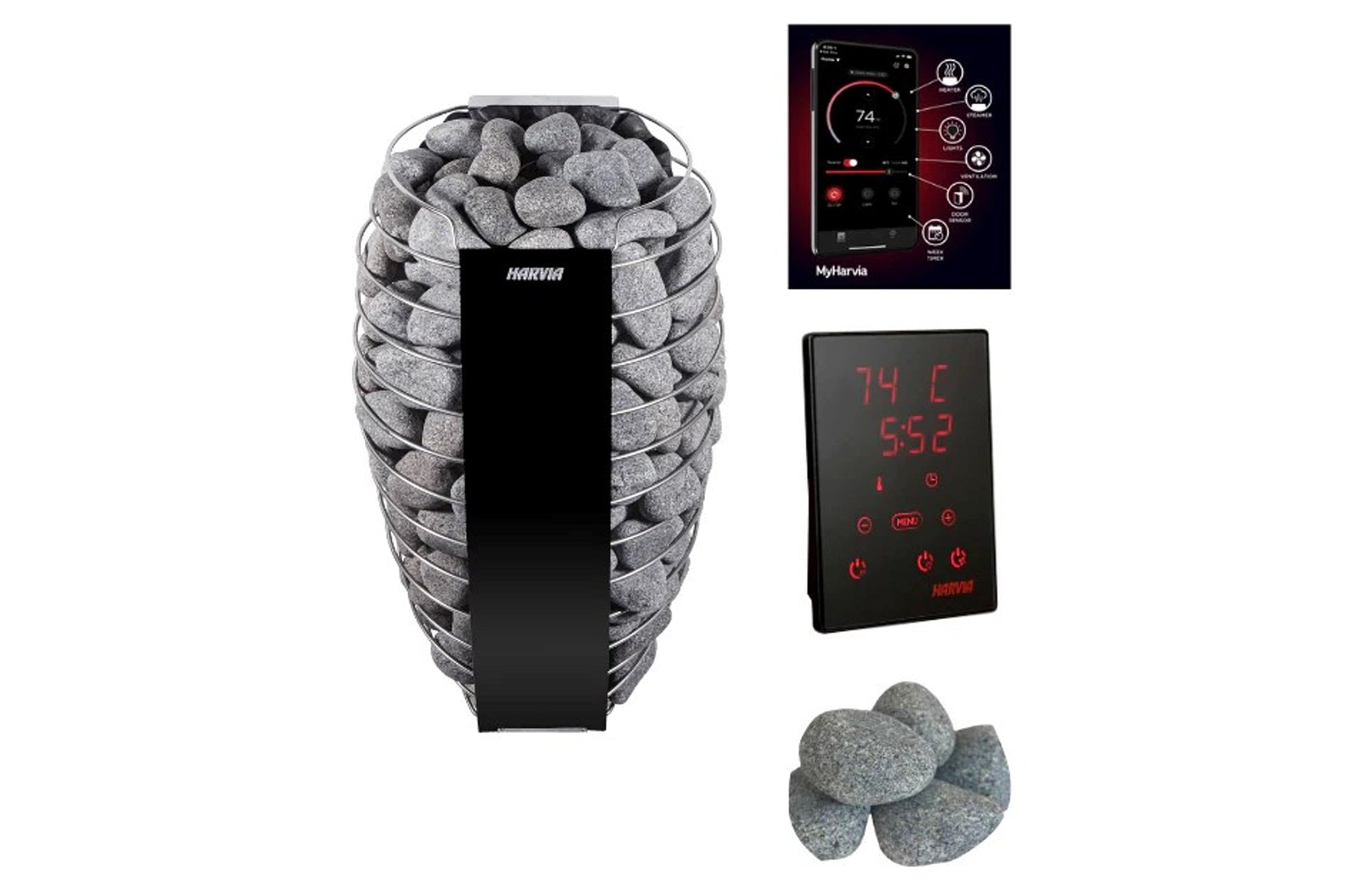 Harvia Spirit electric sauna heater with gray stones, digital control panel, and smartphone app display on white background