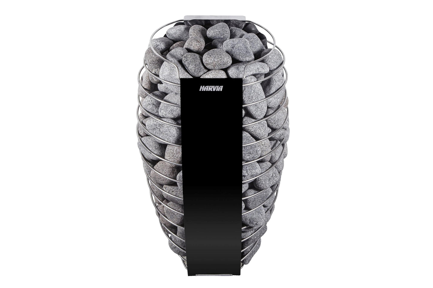 Harvia Spirit electric sauna heater with gray stones and black control panel on white background