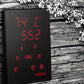 Black Harvia sauna heater control panel with red LED display showing temperature 74°C and time 5:52, red touch buttons, on we
