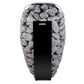 Harvia Spirit electric sauna heater with gray stones in tiered stainless steel basket on white background