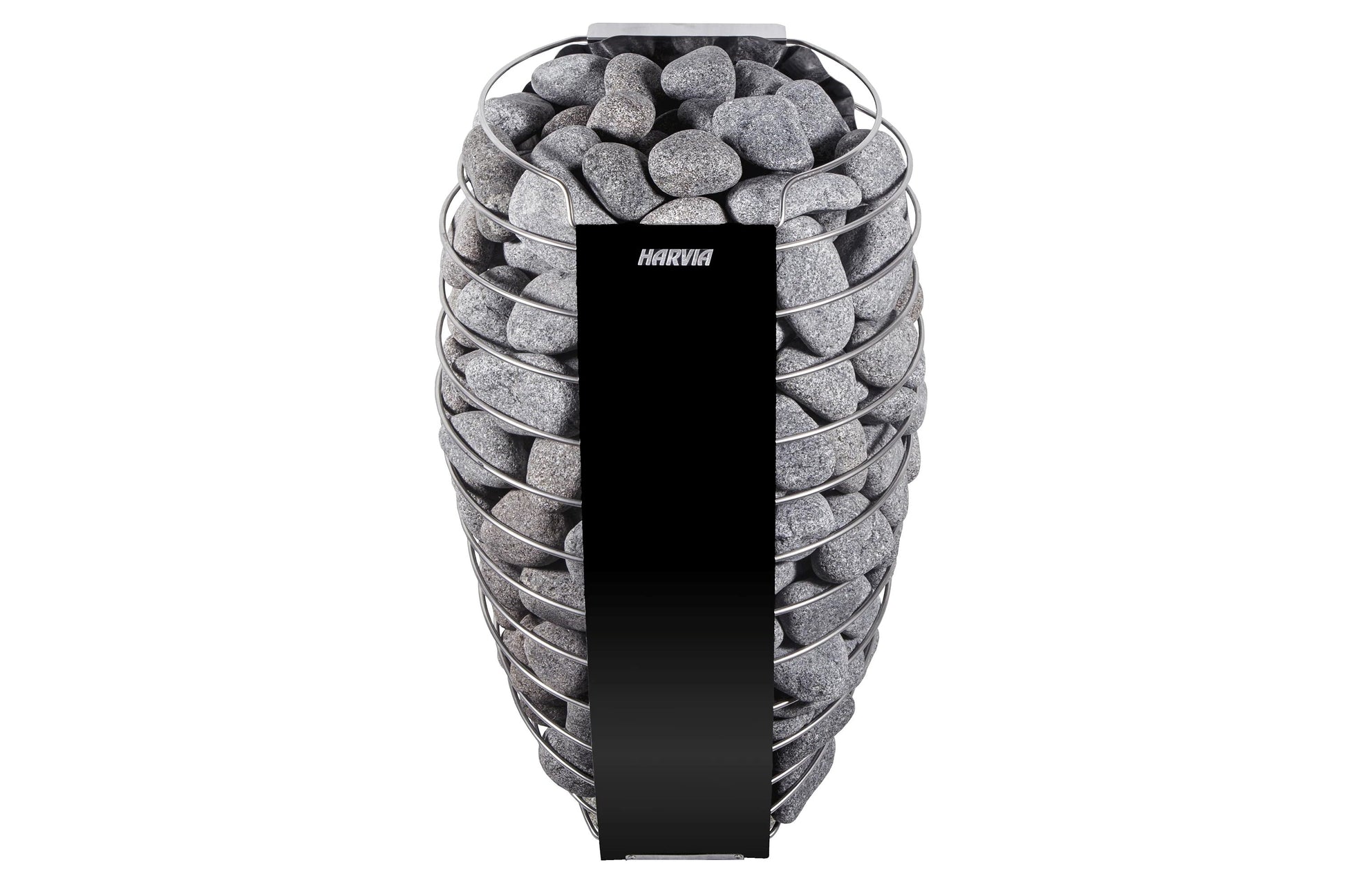 Harvia Spirit electric sauna heater with gray stones in tiered stainless steel basket on white background